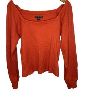 Saks Fifth Avenue Waffle Knit Blouse Square Neck Long Sleeve Womens L Orange